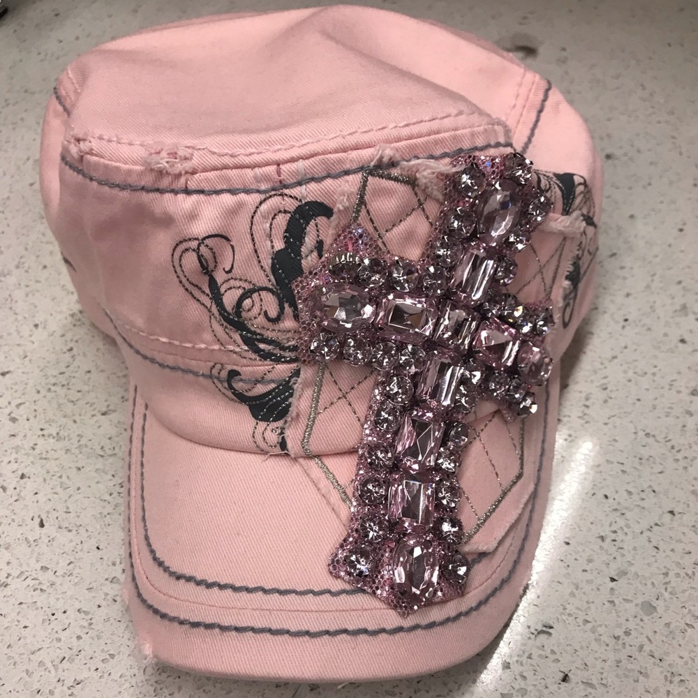 Pink crystal cross military cap